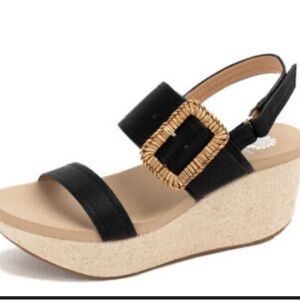 Yellow Box Black Wedges with Woven Buckle